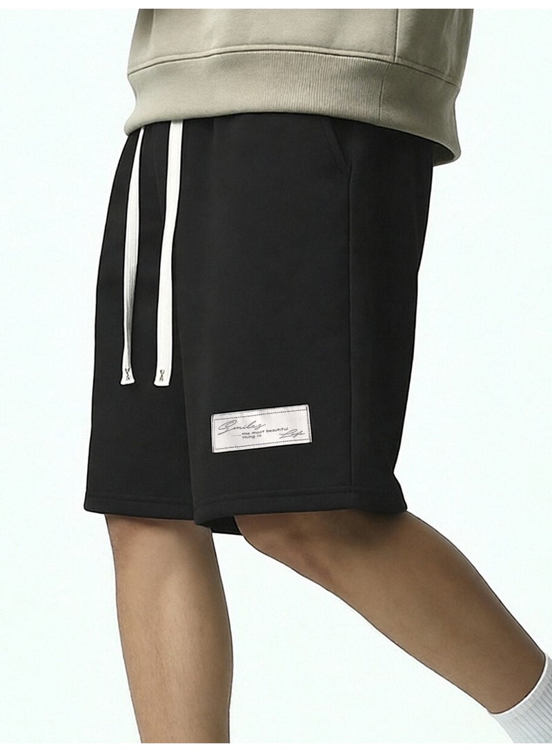 Men's Black Casual Sweatshorts Elastic Waist Drawstring Half Pants with Woven Patch - Image 2